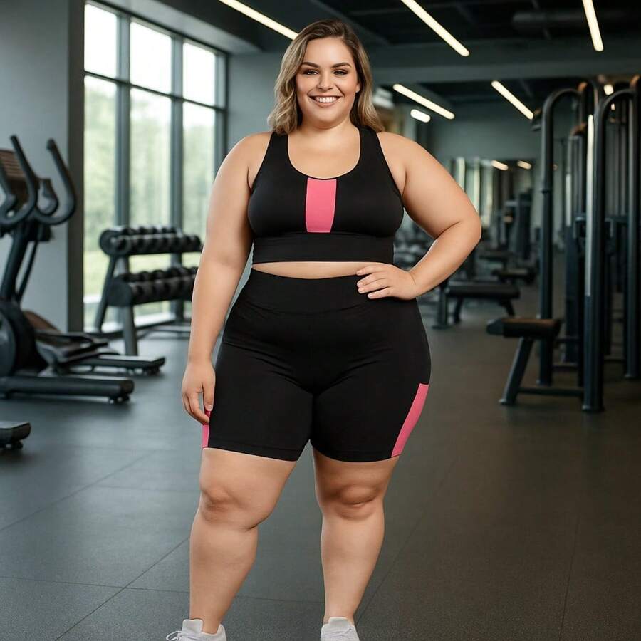 Conjunto Top e Shorts Bolso Inteligente para Academia e Corrida Plus Size G1, G2 e G3