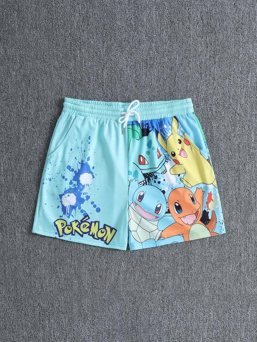 pokemon Pantalones cortos de verano informales para hombres con estampado de dibujos animados y cordón a la cintura