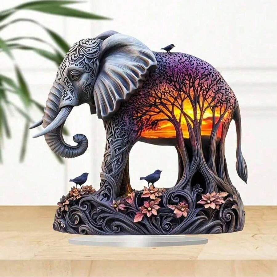 1 Bohemian Style Elephant Statue Acrylic Ornament, Fun Sunset Forest Design Suitable For Home Decoration, Office Dormitory Or Daily Desktop Decoration Mood Ornament For Cafe, Multifunctional Bohemian Style Decorative Sculpture, Suitable For Holiday Gifts For Family And Friends Gifts New Year's Gifts Valentine's Day Gifts Etc.