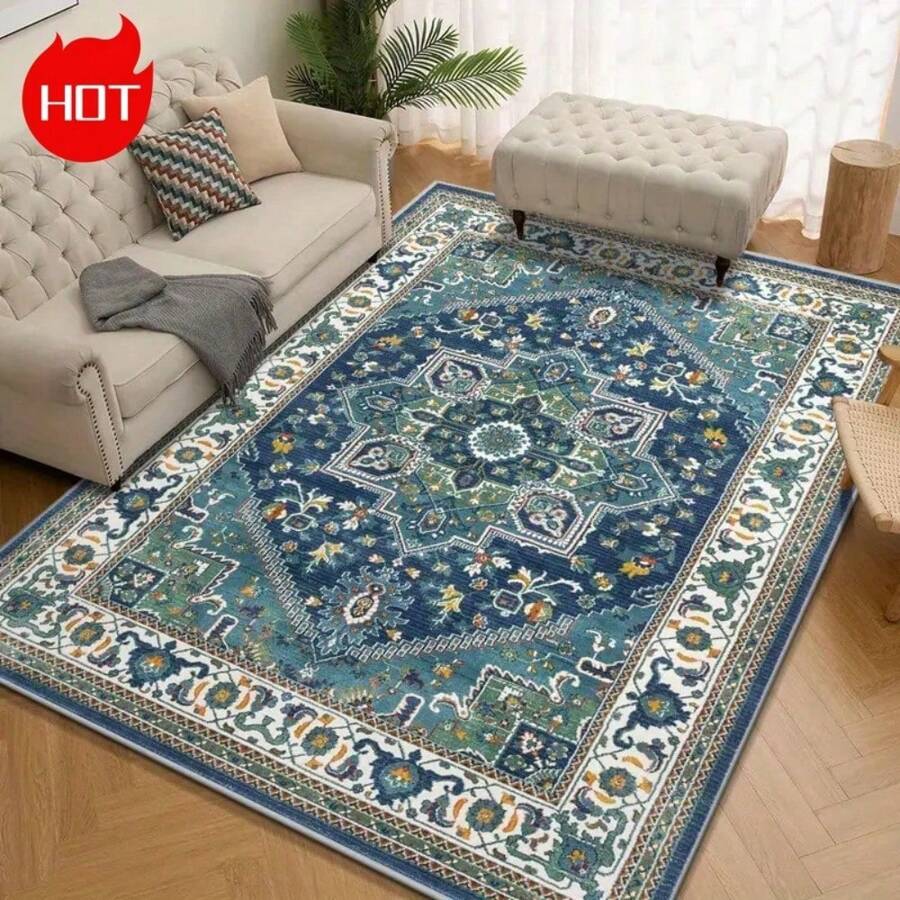 Large Area Rug/1000g/M², Blue Retro Bohemian Pattern, Luxury Area Rug, Premium Machine Washable, Upgraded Version With Thickened And Dense Material, Fade-Resistant, Modern, Backyard Bathroom Elegant And Stylish Creative Dorm Game Room Rug Retro Style Home Decoration Rug - Multiple Sizes Available Bathroom Decor Summer Carpet Bathroom Accessories Back To School