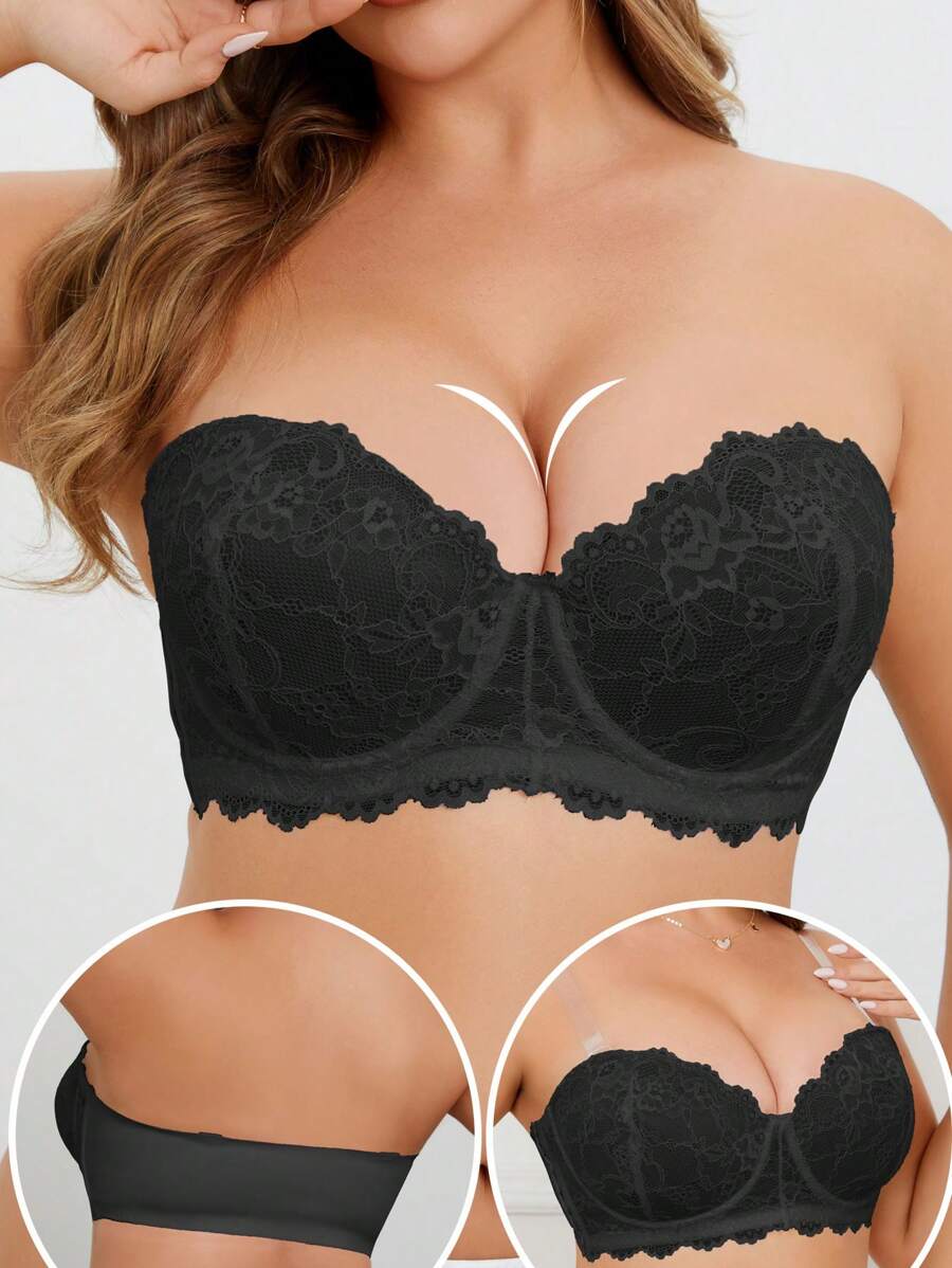 Plus Size Lace Patchwork Soft & Comfortable Side Button Front Closure Bra With Underwire And Removable Shoulder Strap