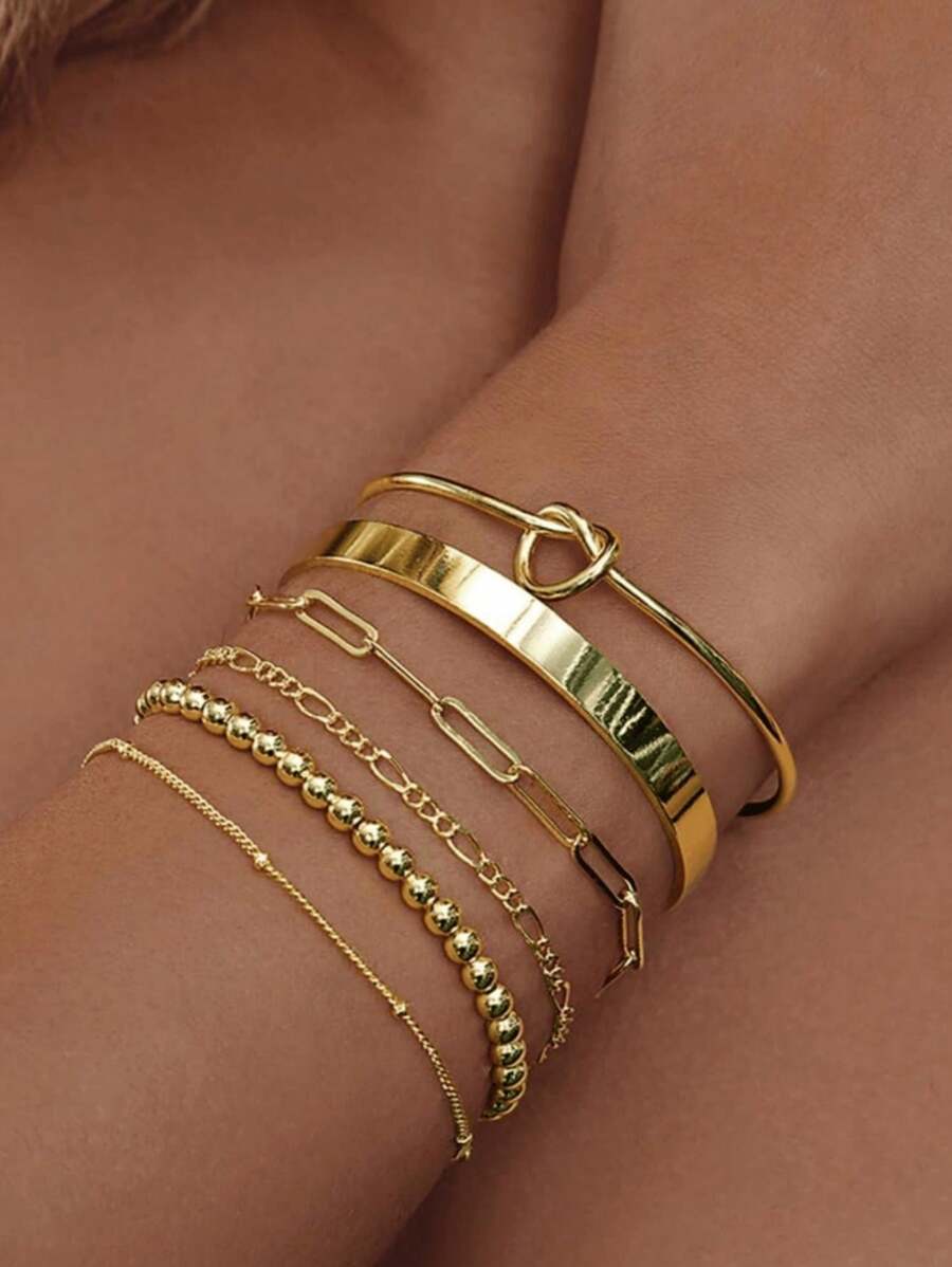 Pulseira de corrente dupla de aço inoxidável banhada a ouro 18K, 2 peças, conjunto de pulseiras minimalistas com contas vazadas, acessório versátil adequado para meninas e mulheres (quantidade de contas aleatória)