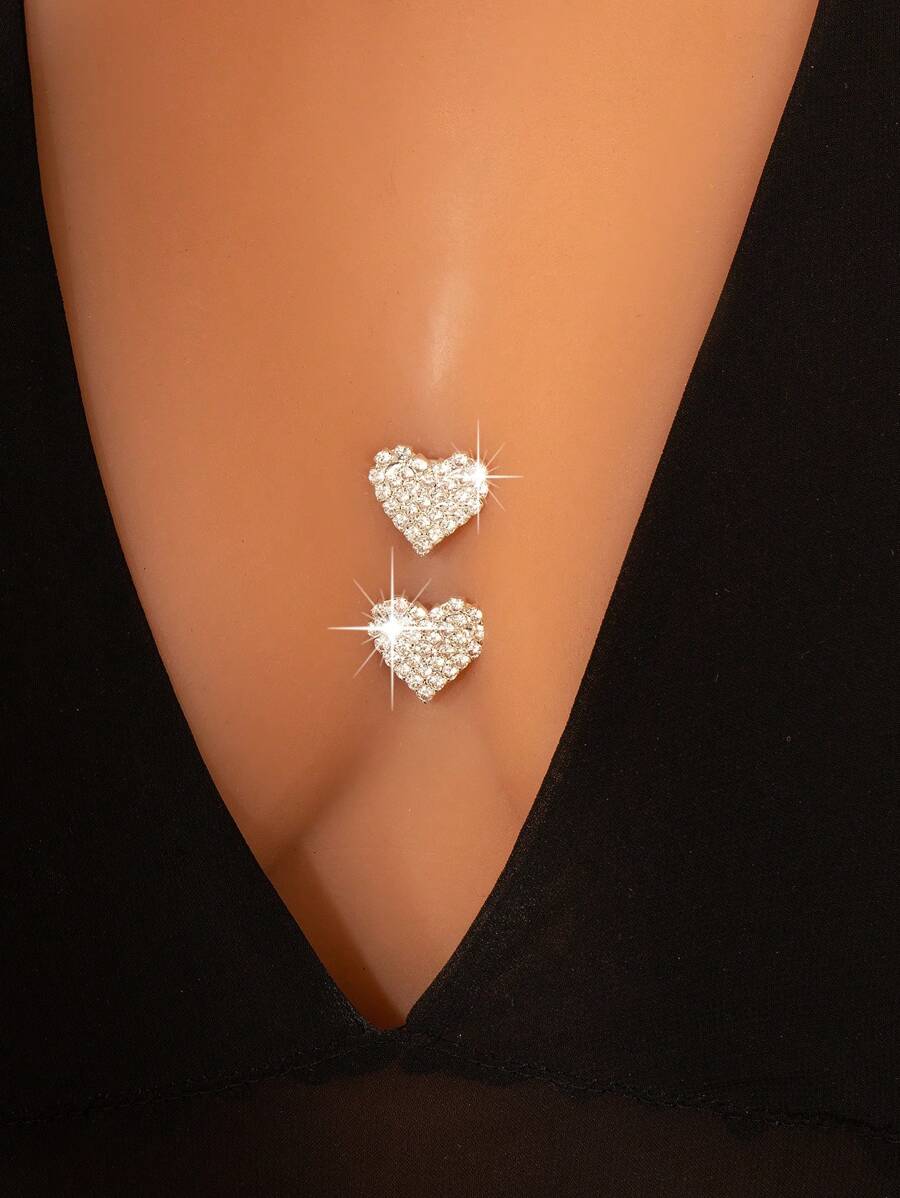 2pcs/Set Fully Rhinestoned Heart Shaped Crystal Breast Pasties, Fashion Bling Body Jewelry Accessories For Beach Party