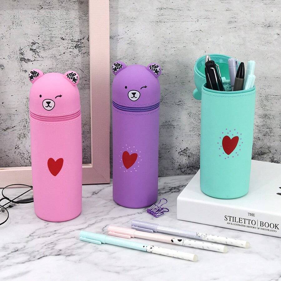 1pc Cute Bear Silicone Pencil Case, Portable Pen Box, Handy Student Stationery Organizer