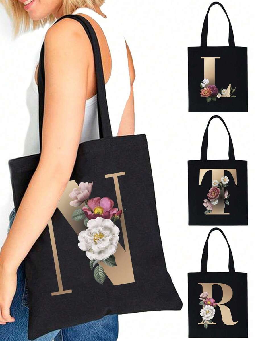 Fashion Casual Shoulder Bags Gold Letter Printing Shopper Canvas Foldable -Friendly Shopping Bag Tote Handbags Large Capacity Travel Grocery BagSchool Bag,Back To School Backpack,Large Capacity,Lightweight,Portable,Laptop Compartment, Suitable For Teen Girls Women College Students, Perfect For Back To School,College,Middle School, High School,Work , Business, Commute