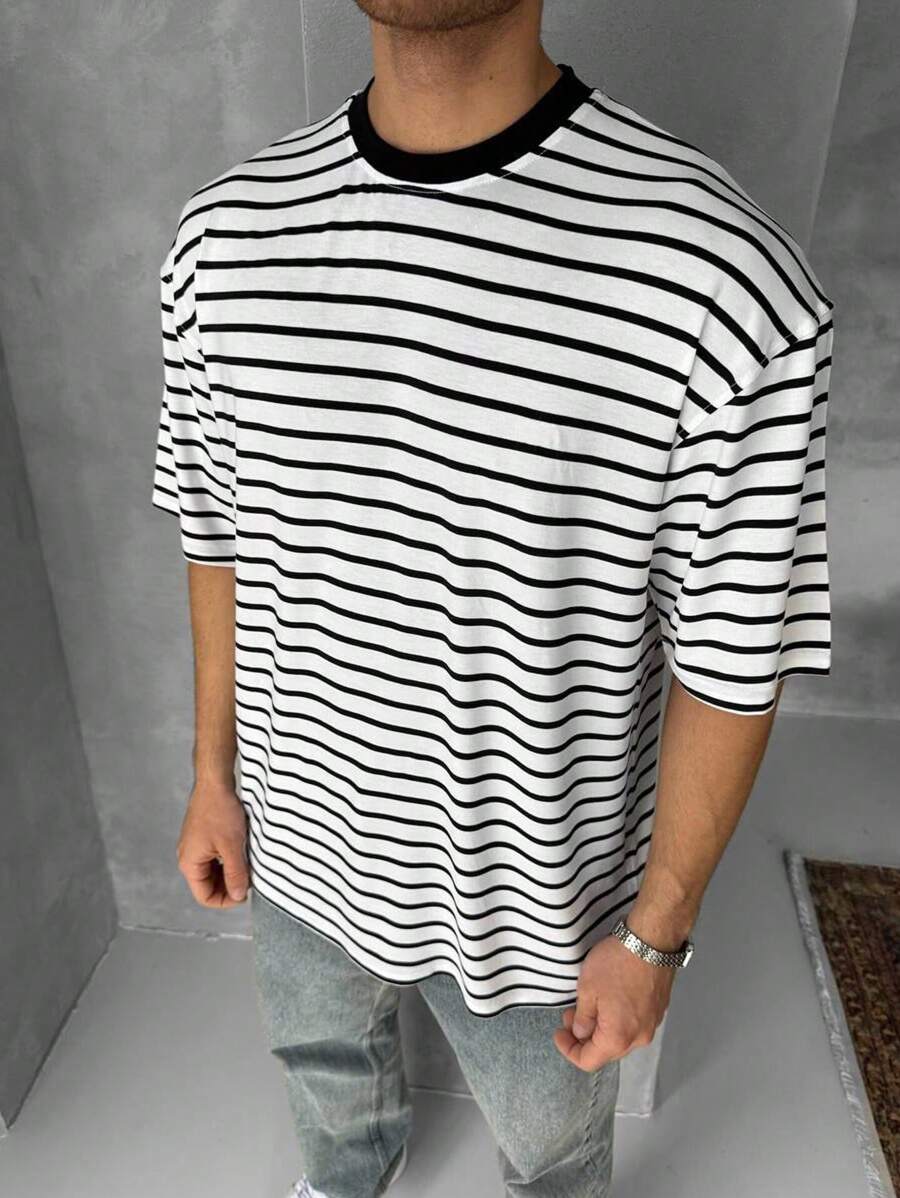 Camiseta casual de cuello redondo de manga corta a rayas para hombres, para el verano