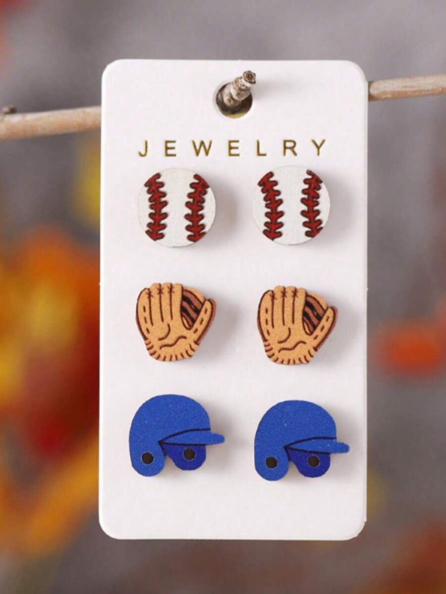 3 pièces/set Casquette de baseball vintage, boucles d'oreilles en forme de casque et de gant pour femmes, accessoires de boucles d'oreilles en bois de sport