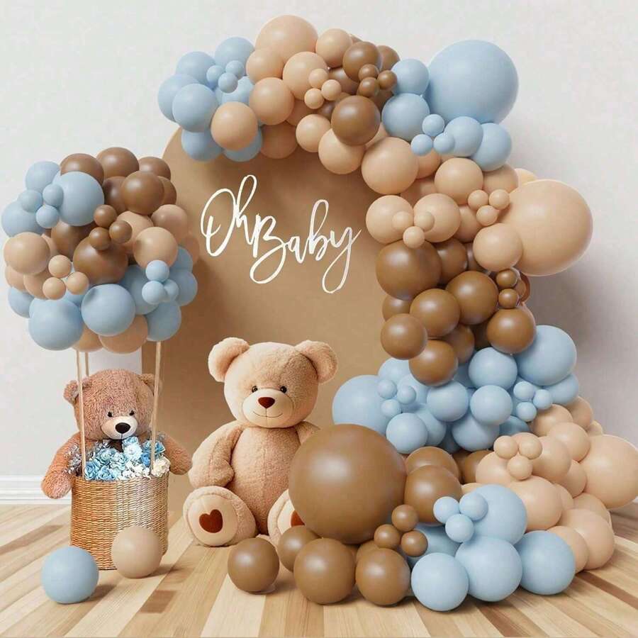 123pcs Gray Blue And Brown Latex Balloon Wreath Arch Kit, Cartoon Bear Baptism Decoration Bohemian Style Blue Brown Balloons, Used For Gender Revealing And Birthday Parties, Forest Parties, Weddings, Home Decor And Outgoing Decor.