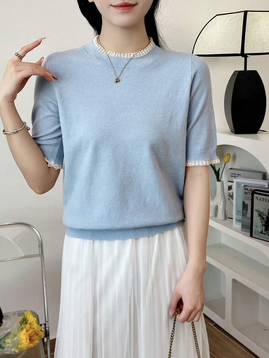 Summer New Arrival Simplistic Lace Trim Blue Short Sleeve Knit Top