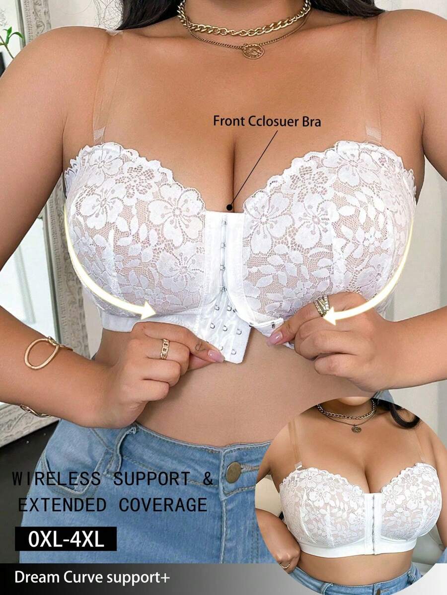 Plus Size Women Front-Closure Lace Patchwork Bra, Minimalist Wireless Comfortable Lingerie