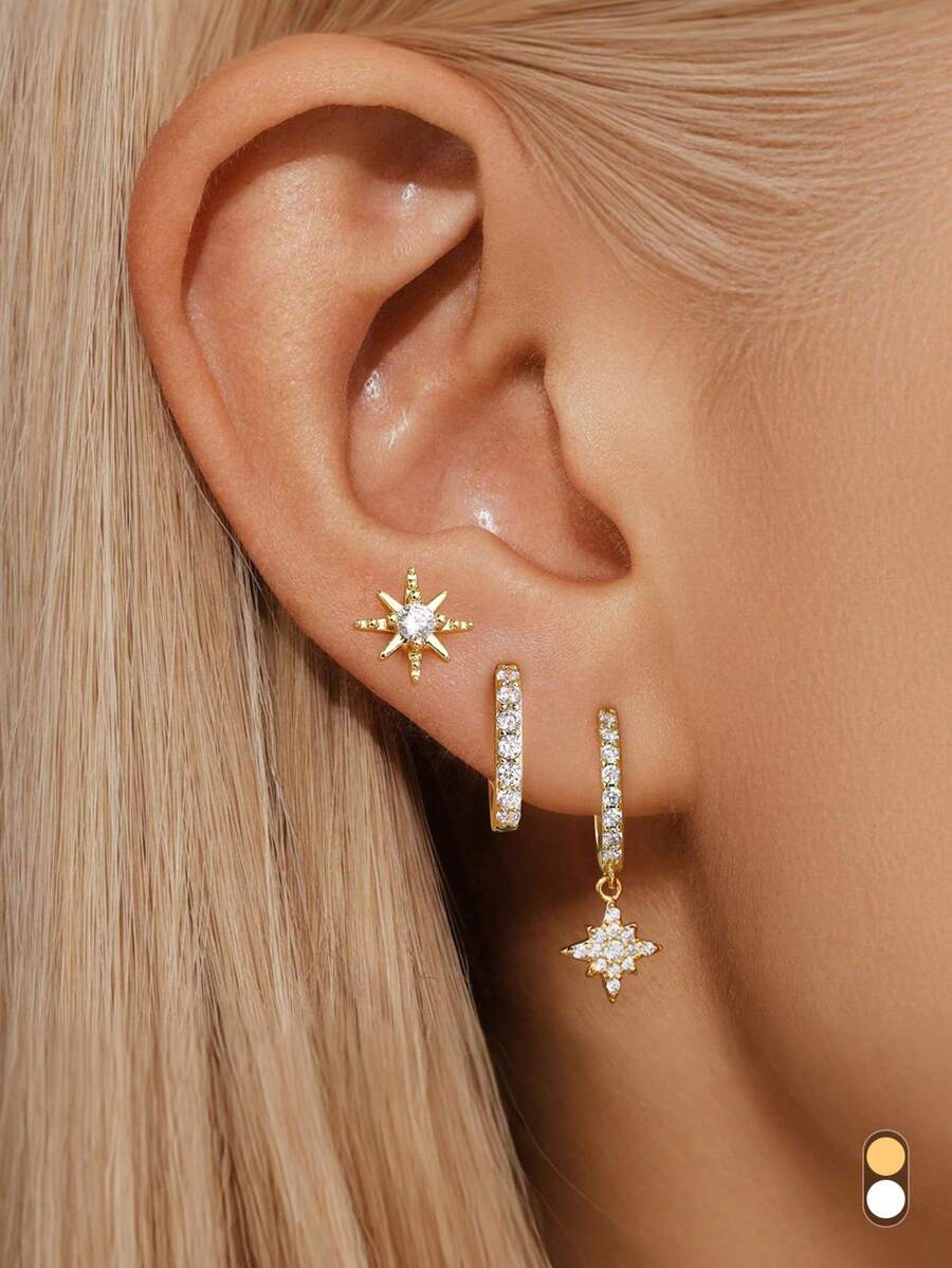 1/3 Stücke Set Kleine Creolen Ohrringe für Frauen in Goldplattierung, glänzende Stern-Creolen mit Kubikzirkoniabesatz für Ohrknorpel, Ohrpiercing-Schmuck für Frauen und Mädchen als Geschenk
