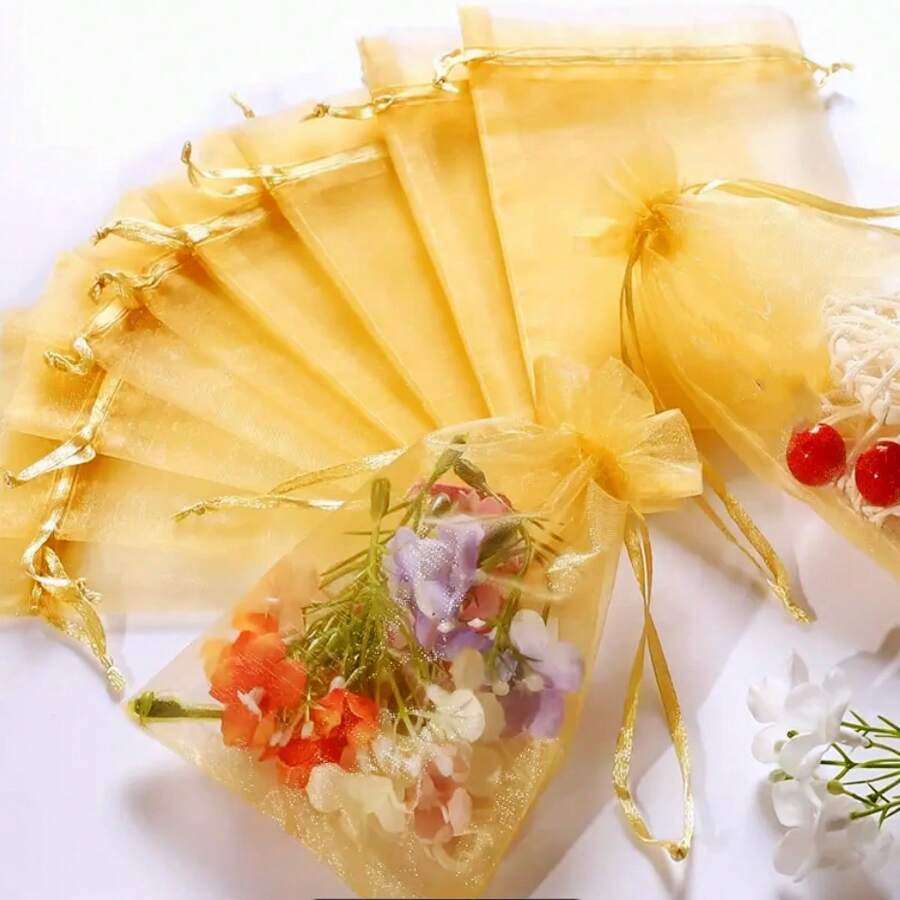 50/100pcs Gold Gift Packaging Bags, Ginger Organza Candy Bags, Colorful Mixed Wedding Favor Bags, Wedding Essential Gift Bags, Tableware, Outdoor Storage Bags, Wedding Candy Packaging Bags, Multi-Size, Various Festival Party Packaging Supplies, Holiday Home Goods, Festival Wedding Party Gift Packaging Supplies
