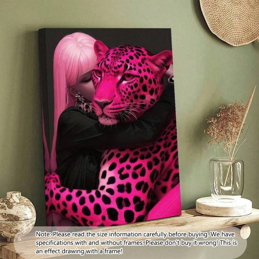 1pc Modern Girl Hugs Pink Panther Canvas Prints Poster Posters Wall Art Room Decoration Stuff Graduation Gift Optional Frame ,Wall Art With Frame