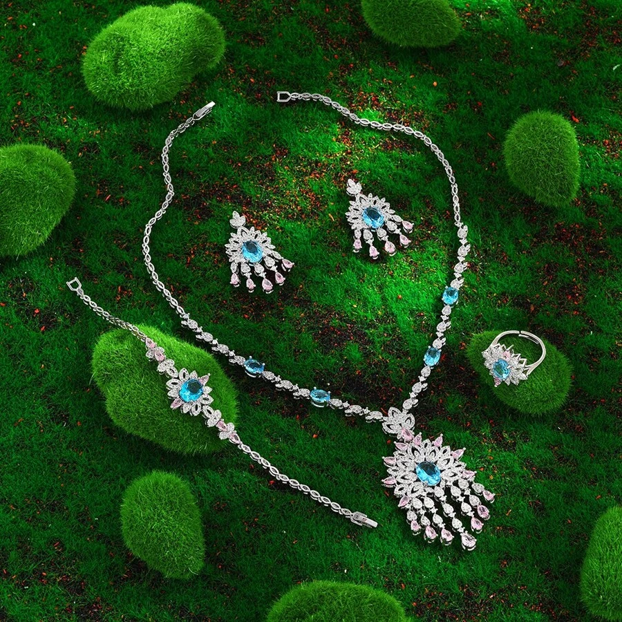 Bride Jewelry Set For Women Dubai Wedding CZ Zirconia 4 Pieces Jewelry Party Accessories