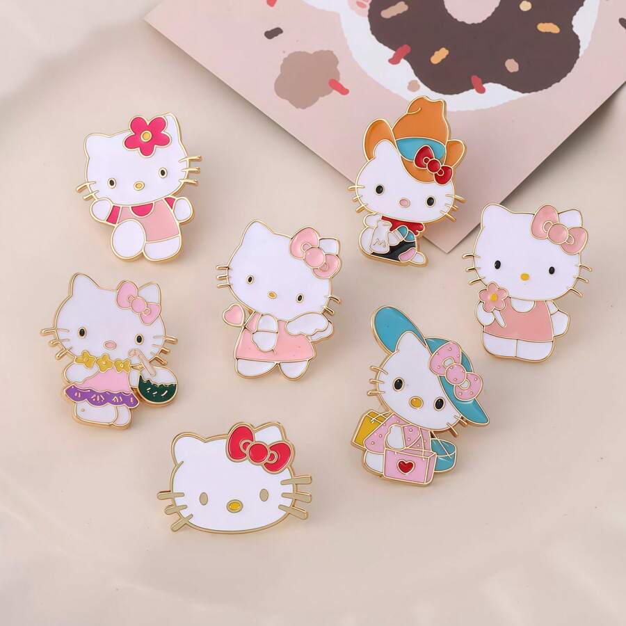 Sanrio 1 pieza/Set de 7 Broches de Hello Kitty de Sanrio, alfileres de esmalte de gato blanco de dibujos animados de Sanrio, insignias de metal estilizadas de animales, accesorios para bolsos y ropa.