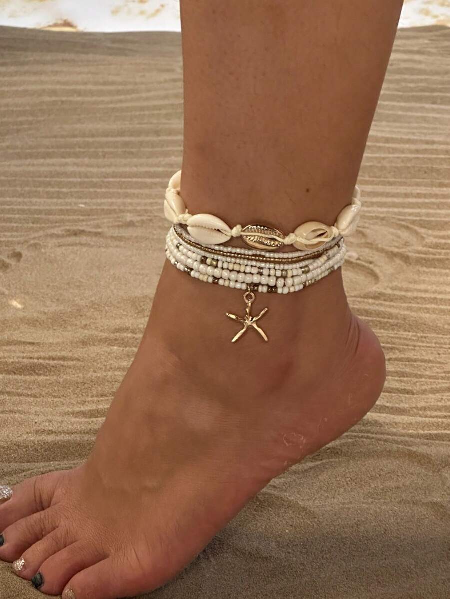 7 Stücke bohemisches Armband-Set mit Perlen & Muschelanhängern, geeignet für den täglichen Gebrauch von Frauen