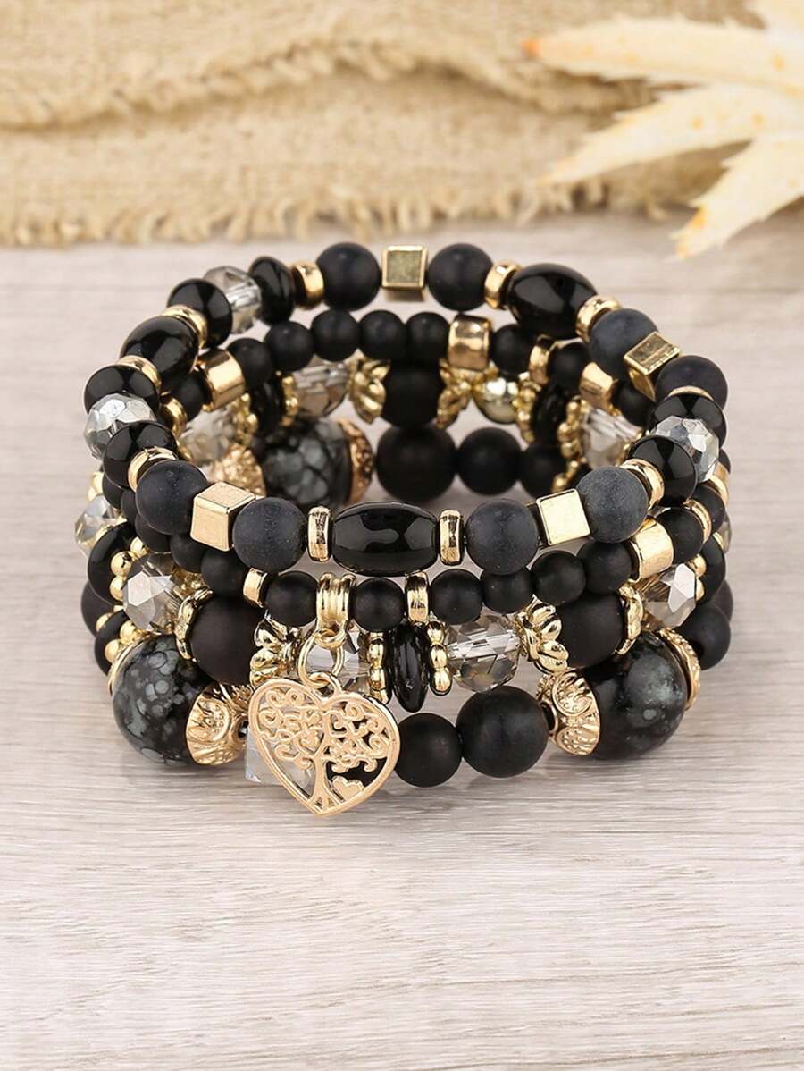 4pcs Fashionable Minimalist Pearl & Heart Pendant Multi-Layer Bracelet, Suitable For Women Daily Casual Wear
