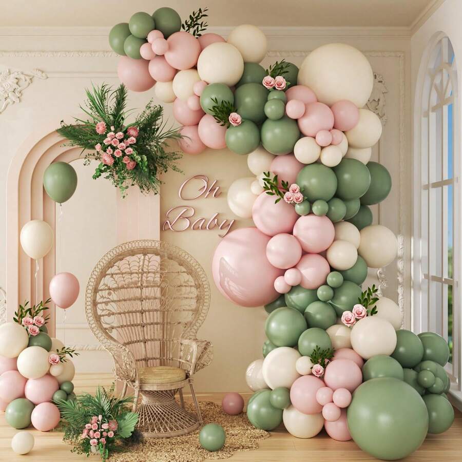 96pcs Pink & Green Balloon Arch Garland Set, With Light Green & Pastel Pink & Ivory Balloons, Suitable For Birthday, Bridal Shower, Party, Boho Baby Shower Decoration