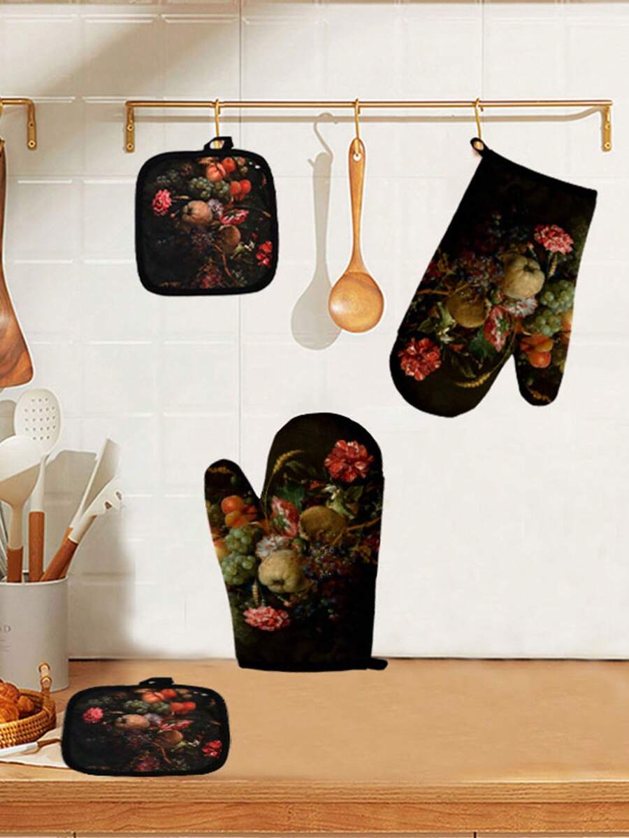 Two Pieces Set Of Insulation Gloves And Mats For Kitchen Microwave, Thickened Grid Heat-Resistant Gloves, High-Temperature Baking Oven Gloves