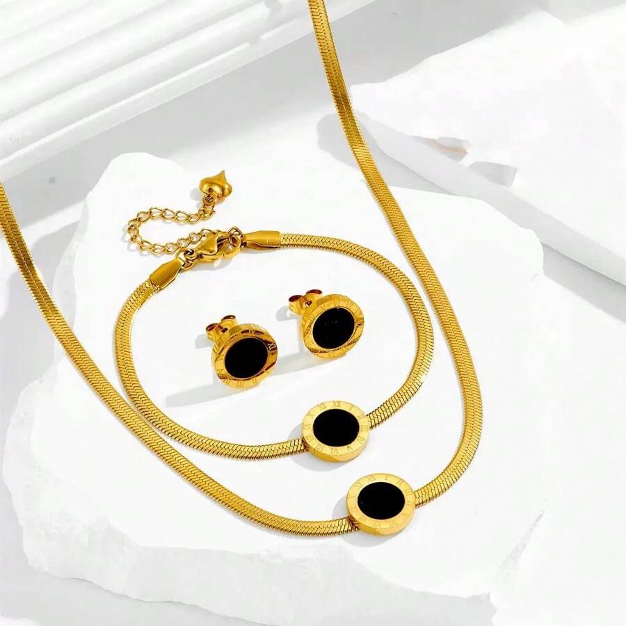 1 Set Elegant Minimalist Fashion Roman Coin & Serpentine Stainless Steel Necklace, Bracelet & Earrings Jewelry Set, Suitable For Women's Daily Outfit Or Commuting Style, Great Gift For Mother's Day