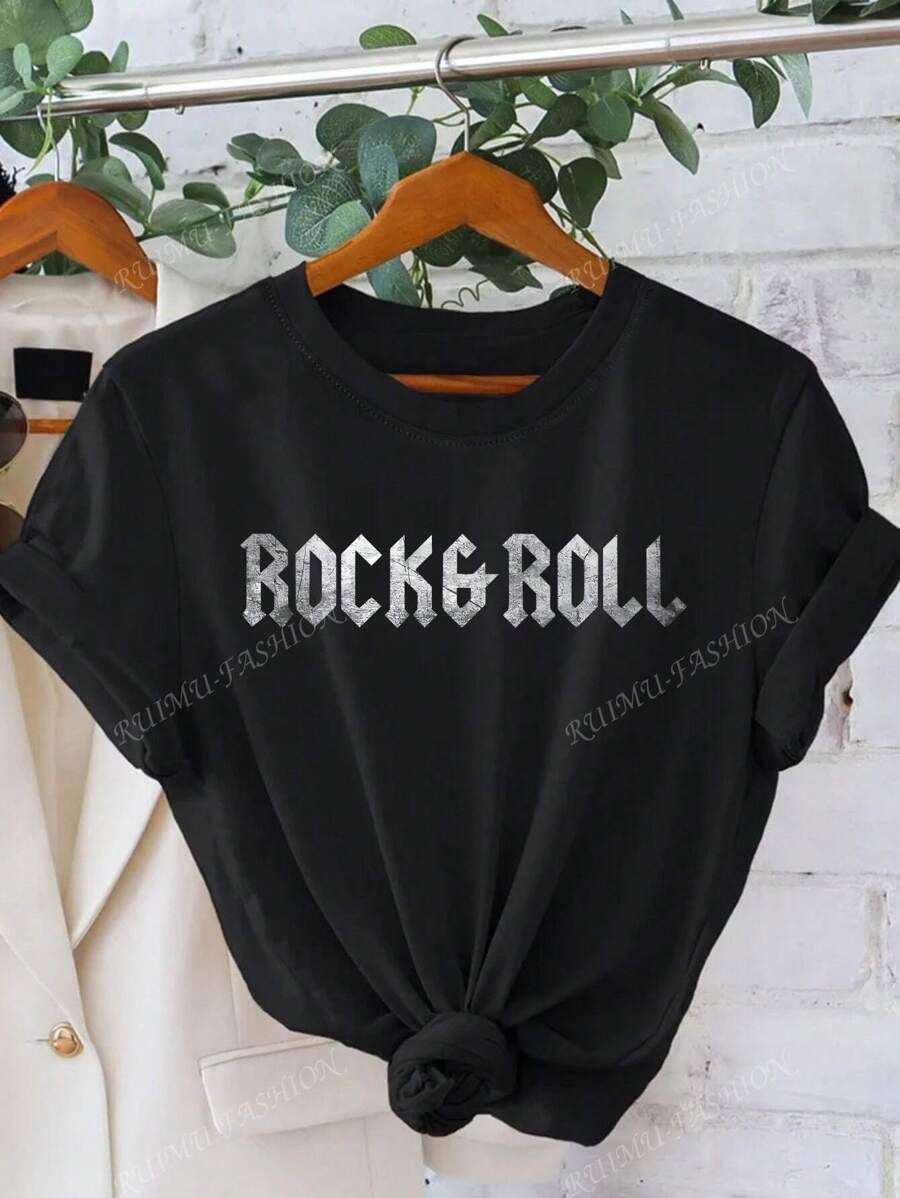 T-shirt à col rond pour femmes, imprimé avec un slogan vintage anglais "Rock and Roll", ajusté, convient aux amateurs de musique, fans de musique country, port casual quotidien, été