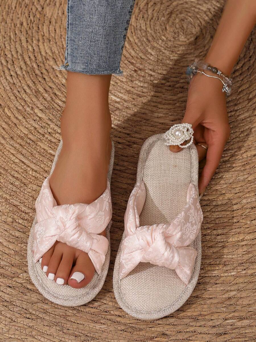 1 Pair Floral & Paisley Print Polyester Fabric Hollow-Out Satin Ribbon Slide Sandals, Lightweight Slip-On House Slippers For Women, Suitable For Indoors And Outdoors, All Seasons