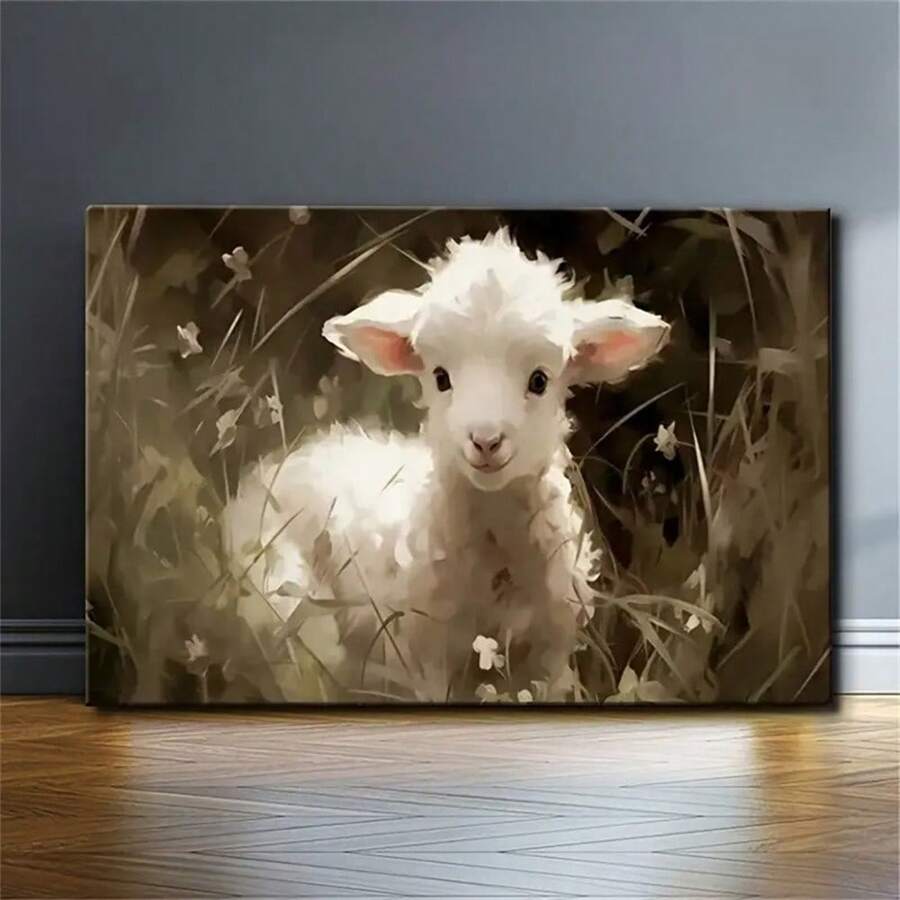 1pc Vintage Easter Lamb And Wildflower Field Canvas Art , Ideal For Home Or Office Decor, Wall Hanging, Perfect Gift For Bedroom, Cafe, Or School, No Frame