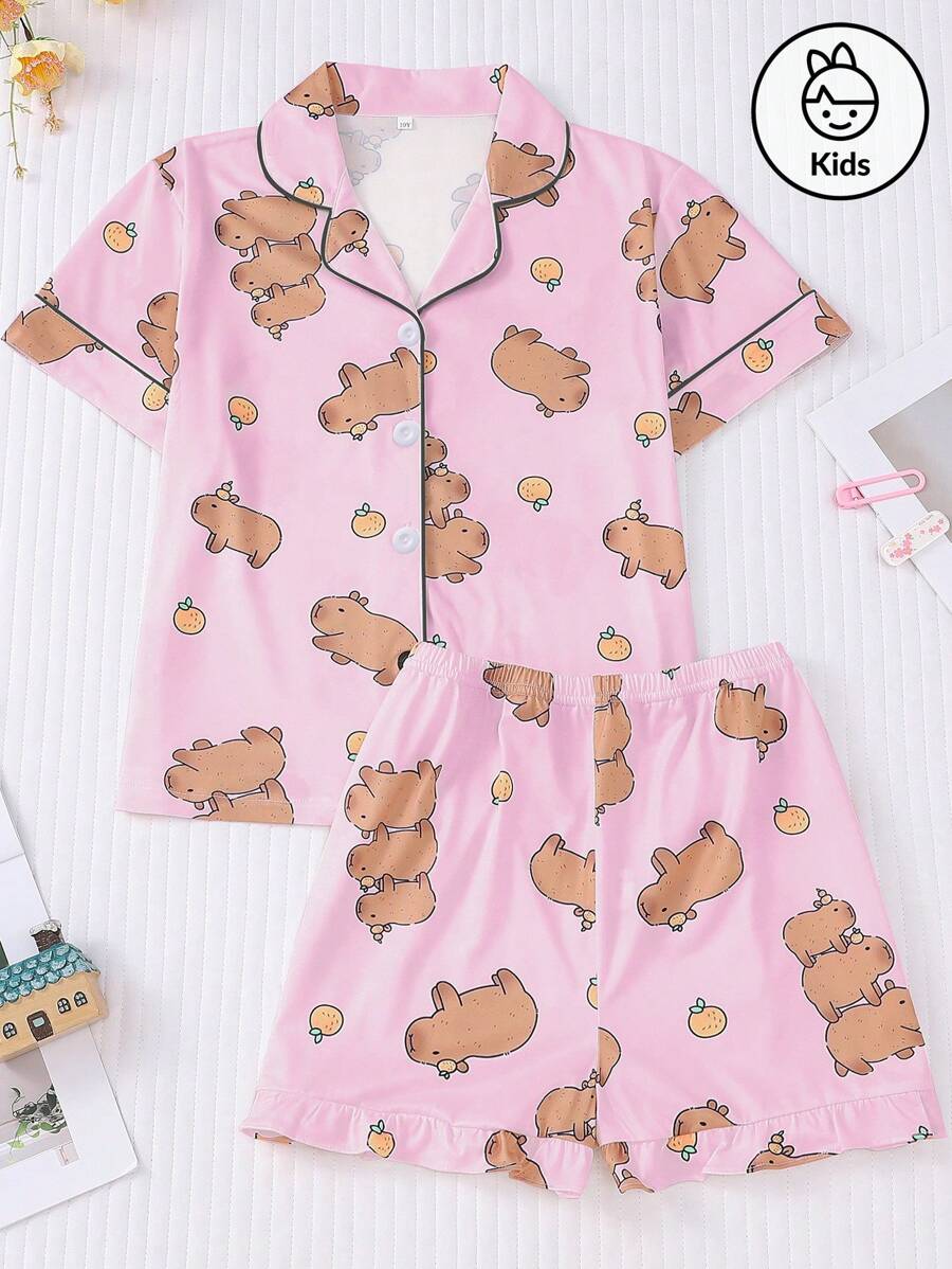 Conjunto de pijama tipo cárdigan para niños, conjunto de ropa de casa ligera de manga corta con estampado de capibara y mandarina lindo para niñas, para el verano