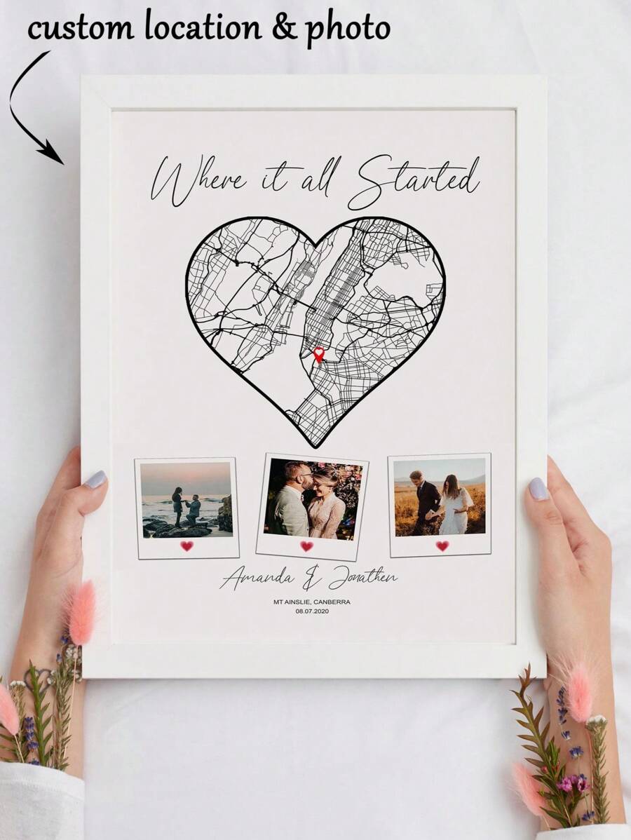 1 Stück personalisiertes Hochzeits- oder Verlobungs-Foto-Standort-Poster, individuelle Gestaltung "Wo sie Ja sagte" / "Wo alles begann" / "Wo wir uns kennenlernten", Geschenk für Freunde/Großvater/Vater/Mutter/Großmutter/Paar/Freund/Sohn/Tochter/Familie/Paar/Ehemann/Ehefrau, Geburtstags-Party Dekoration