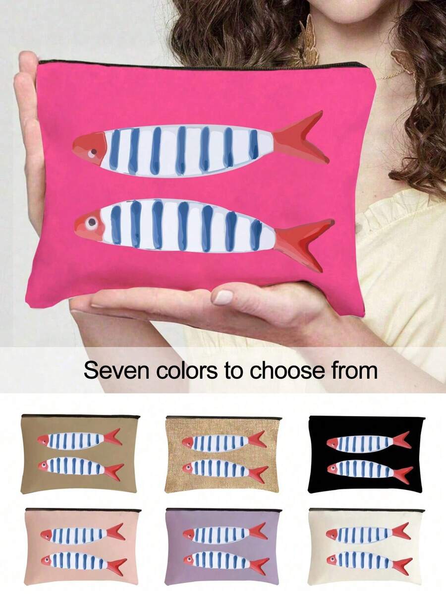 Retro Printed With 'SARDINES' Cosmetic Pouch,Fashionable Large Capacity Makeup Bag, Travel Makeup Bag, Solid Color Zipper Bag, Beauty Bag, Canvas Bag, Printed With Cute Fish Pattern, Suitable For Daily Storage, Bridal Shower And Wash Bag, Bridesmaid Makeup Kit, Bridesmaid Gift Bag, Wedding Travel Storage Bag With Zipper, Newly Designed Ideal Shopping Makeup Bag,Homecoming Season Gifts