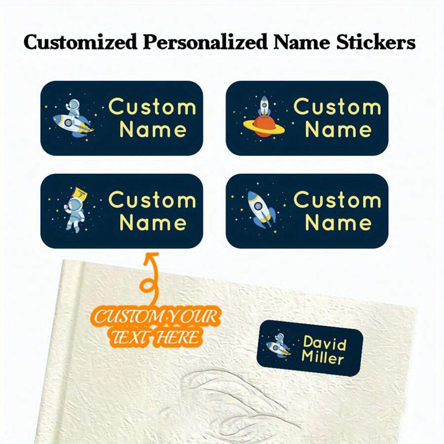 Customized Name Stickers - Durable PVC, Glossy Finish - Ideal For Water Bottles, Gifts, And Document Organization - Back-To-School Essentials, Personalized Desk & Office Supplies, Customizable Name Tags | Space Theme Design | Glossy Finish Stickers, Name Tags For Water Bottles