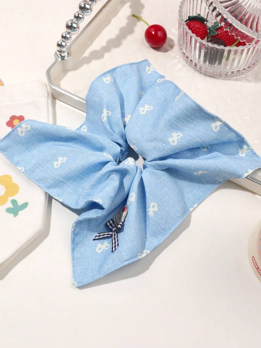 1pc Sweet Collegiate Bowknot Print Blue Square Scarf Hair Tie, Cute Teddy Bear Cartoon Soft Fabric Ponytail Holder, Versatile & Minimalist Ponytail Holders Hair Elastics Hair Rubber Bands Scrunchies Hair Rope Elastic Hair Tie