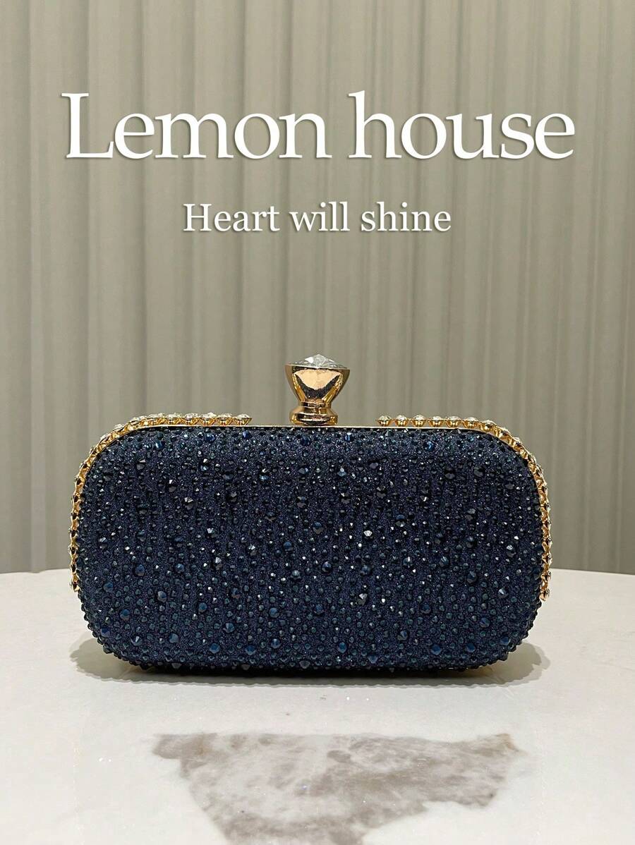 1pc Navy Blue Luxury Rhinestone Decor Clutch Bag, Elegant Lady Party Wedding Bridal Evening Handbag Box Style Purse For Prom, Cocktail, Carnival