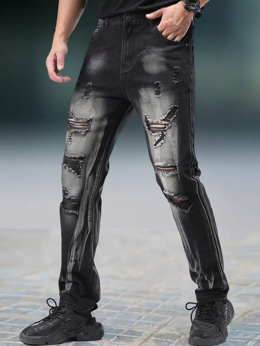 1pc Men's Slim Fit Black Straight Leg Distressed Jeans, Casual Street Wear Cargo Denim Pants, Suitable As Gift For Husband Or Boyfriend