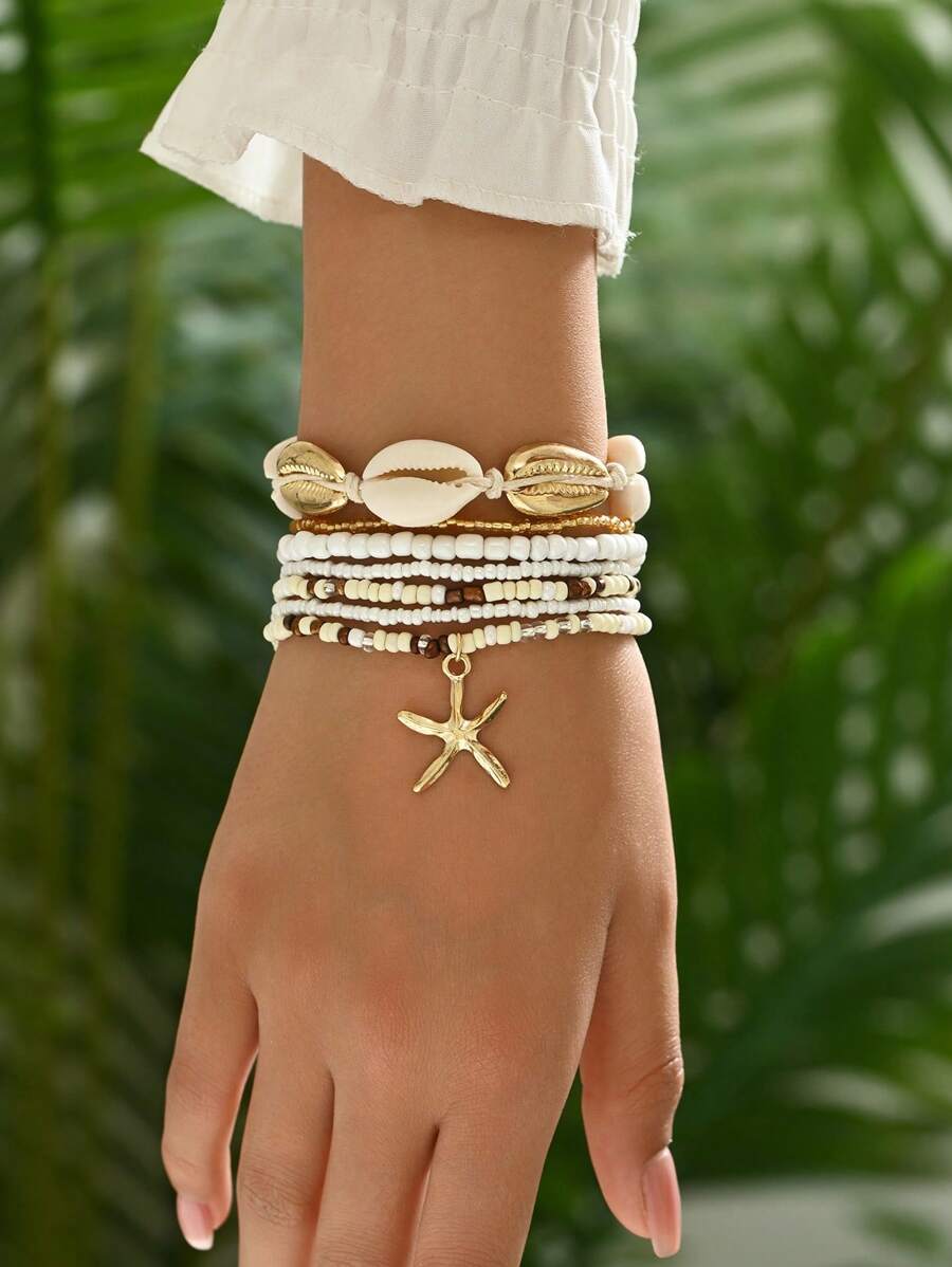 7 pièces/set Bracelet à pendentifs style bohème avec perles de coquillages et étoiles de mer pour femmes