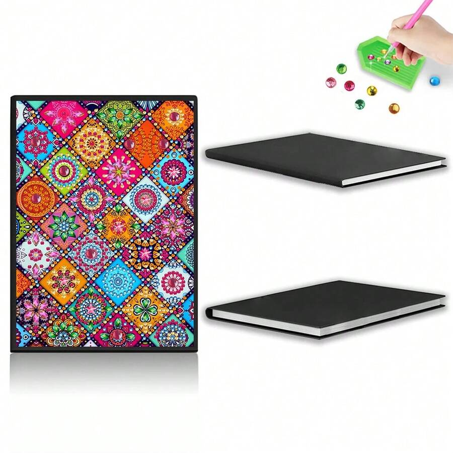 1 Set Delicate Mandala Flower Cover Diamond Painting Notebook Set, 5D DIY Asymmetrical Diamond Embroidery Thick Sketchbook & Notebook, Handicraft, Suitable For Students, Home, Business, Memo Pad And Holiday Gifts