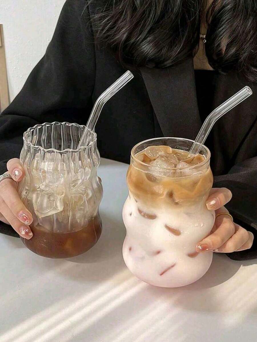 1pc, Vertical Stripe Transparent Glass Cup, Cold Water Beverage Milk Tea Cup For Girls, Comfortable To Hold, Suitable For Girls Who Drink Water At Home Back To School
