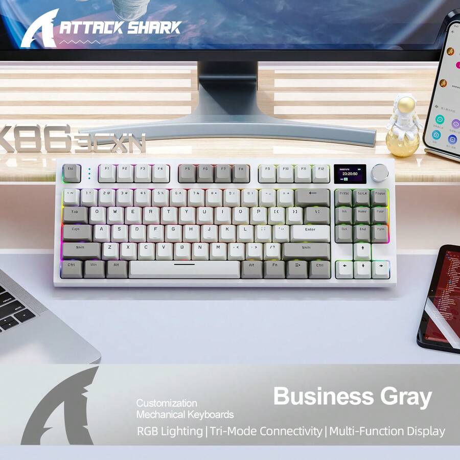 K86 kabellose Hot-Swap mechanische Tastatur, Bluetooth/2.4G mit Display & Lautstärkeregler, geeignet für Gaming und Arbeit
