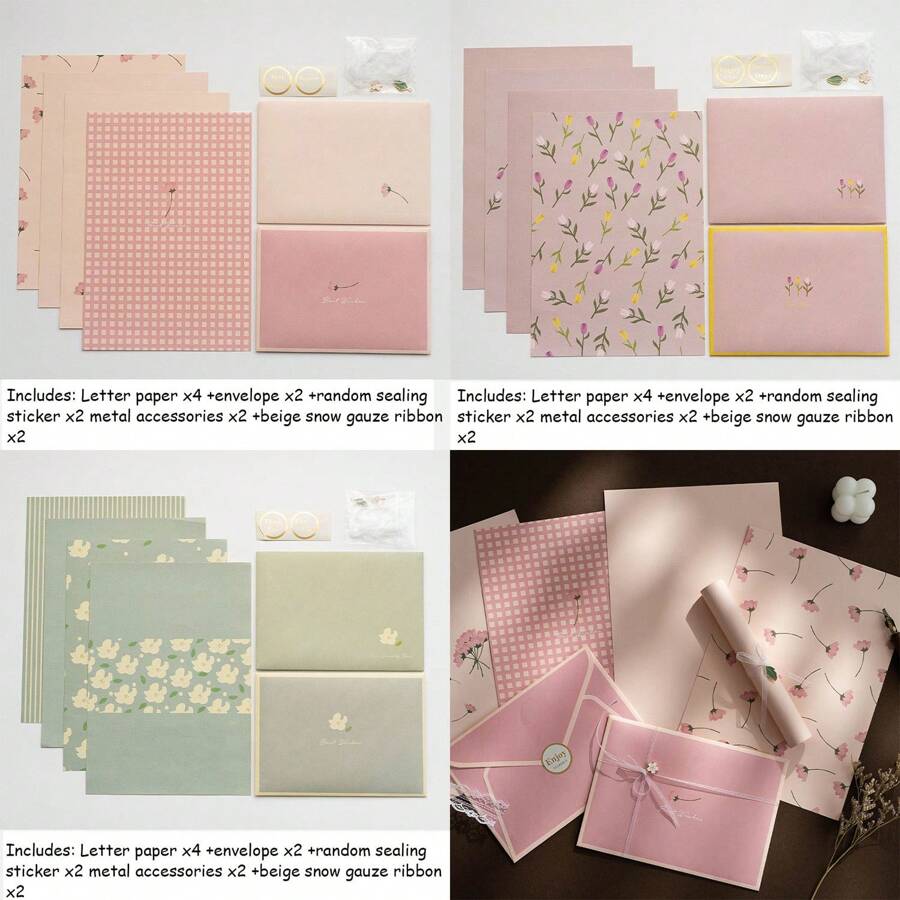 Carta da lettere con buste, carta da lettere floreale, carta da lettere vintage floreale con stickers e nastri in chiffon, 4 fogli con 2 buste, per il ritorno a scuola
