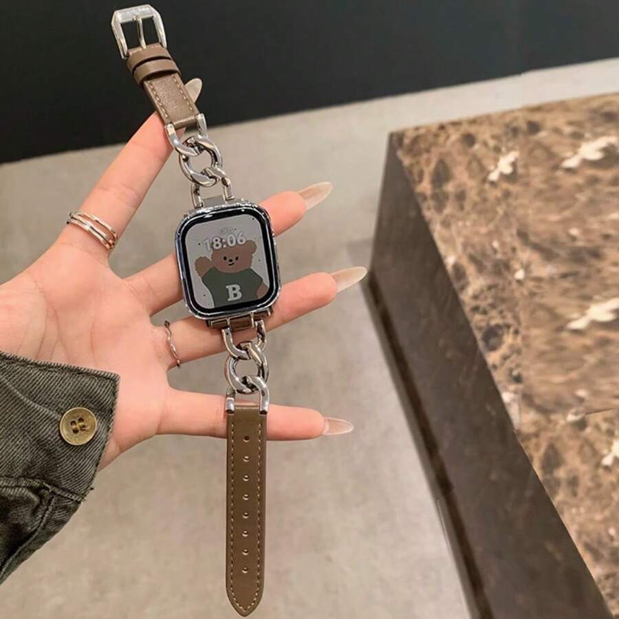 Pulseira feminina de couro legítimo com fivela de metal em formato de V e design de cintura fina, pulseira de corrente de aço inoxidável compatível com Ultra2/SE/série 10/9/8/7/6/5/4/3/2/1, 38 mm/40 mm/41 mm/42 mm/44 mm/45 mm/49 mm, hipoalergênica, macia e respirável para moda diária e empresarial