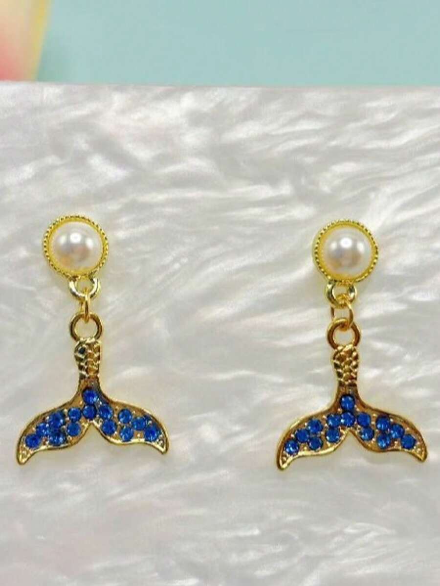 Pendientes de sirena con perlas y rhinestones brillantes, diseño creativo y de moda, adecuados para uso diario y ocasiones especiales