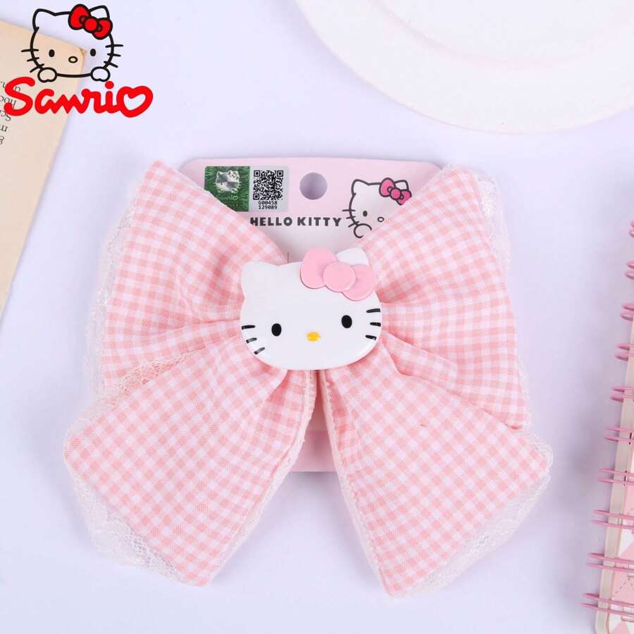 Sanrio 1pc Cute Kitty Cat Lace Floral Plaid Hair Clip, Adorable Cartoon Bow Fabric Hair Band, Girl Hair Accessories For Bedroom And Bathroom Back To School