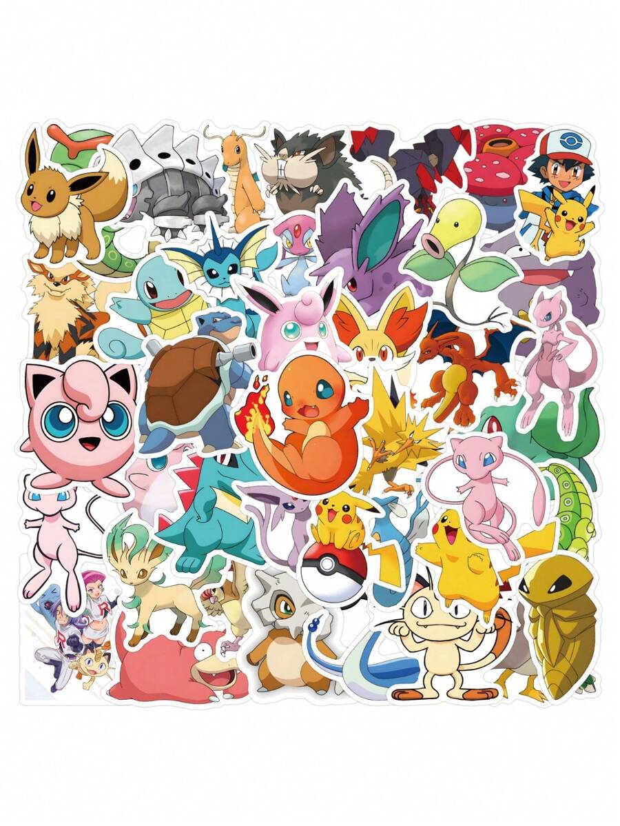 pokemon 50pcs Pokemon Cartoon Graffiti Stickers, Decorative Stickers For Scrapbooking, Gifts, Student Handmade Materials, Waterproof Stickers For Car, Luggage, Cup, Stationery