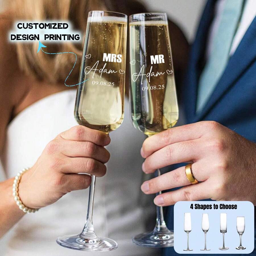 (Set Of 2) Personalized Champagne Flutes For Weddings, Engagements, And Anniversaries - Elegant UV Printed Mr. And Mrs. Toasting Glasses Set - Customizable Shapes, Styles, And Colors - Perfect Gift For Newlyweds, Bridal Showers, And Romantic Celebrations - Unique Keepsake For Toasting Love And Happiness - Ideal For Wedding Receptions, Engagement Parties, And Special Occasions - Celebrate Your Love Story With Style!