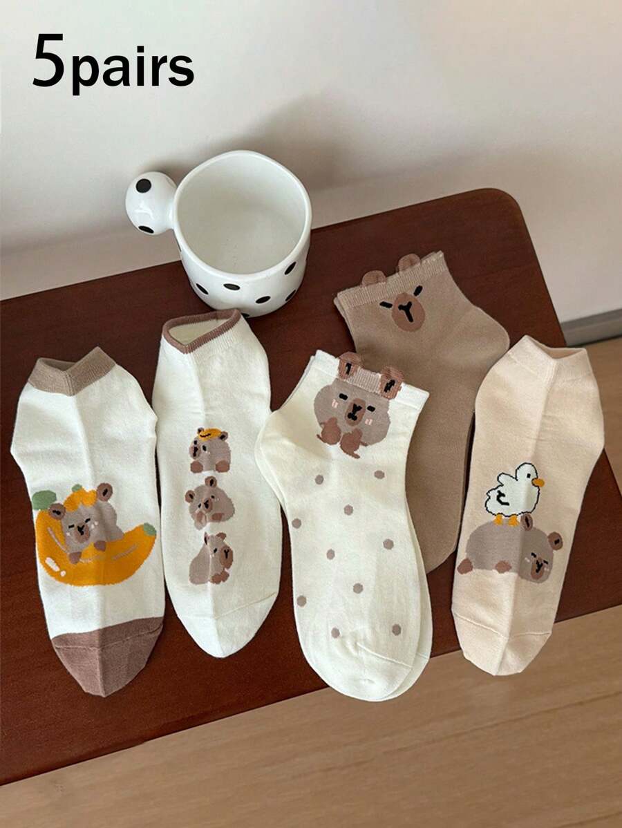 5 Pares de Meias Fofas e Caricatas 3D para Mulheres, Meias Leves de Tornozelo Estilo Cartoon Japonês para Verão