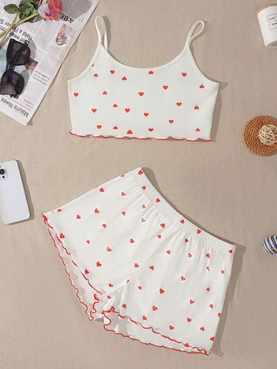 Neuer Frühlings-/Sommer-Lässig, süßer & sexy Trägerhemd und gerippter Herz-Muster Shorts Pyjama-Set, Loungewear, Urlaub