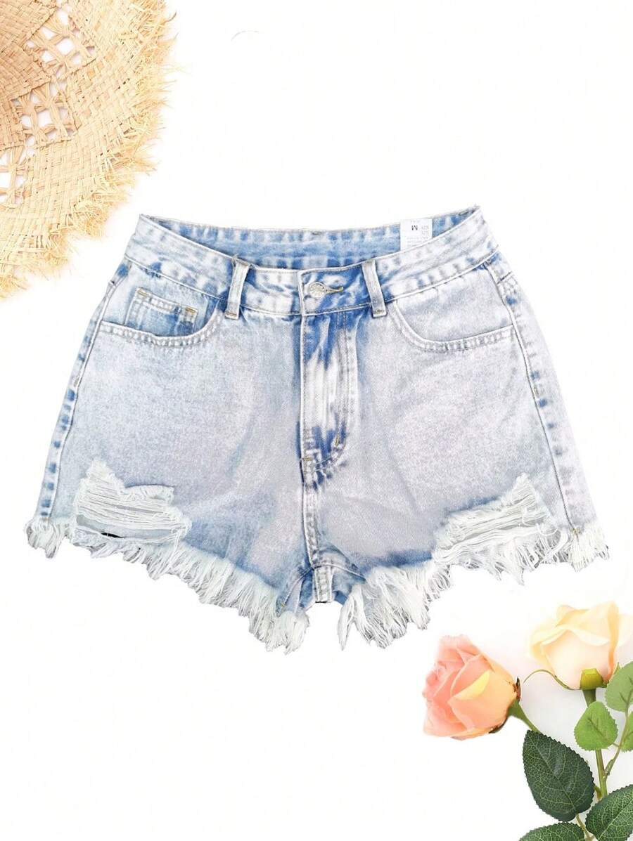 Women Ripped Distressed High Waist Light Washed Denim Shorts Raw Hem Casual Jeans Shorts