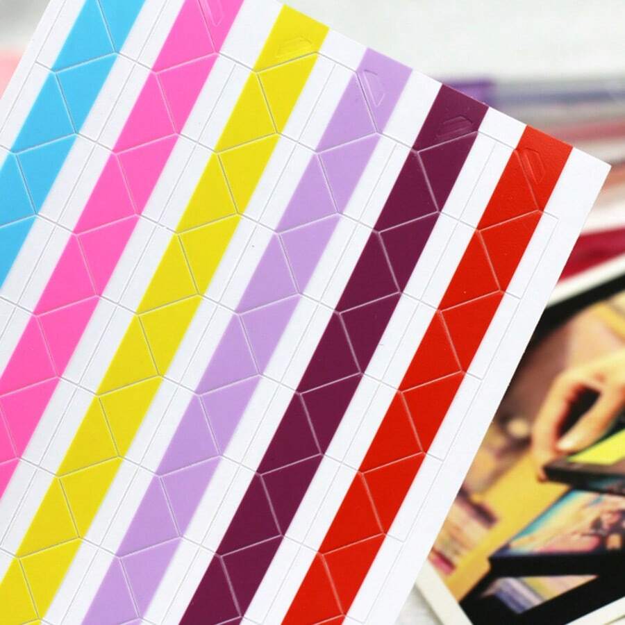 Set de 16 colores de esquinas de fotos DIY, 102 piezas/hoja, pegatinas decorativas hechas a mano para álbumes de fotos, esquinas fijas para scrapbooking