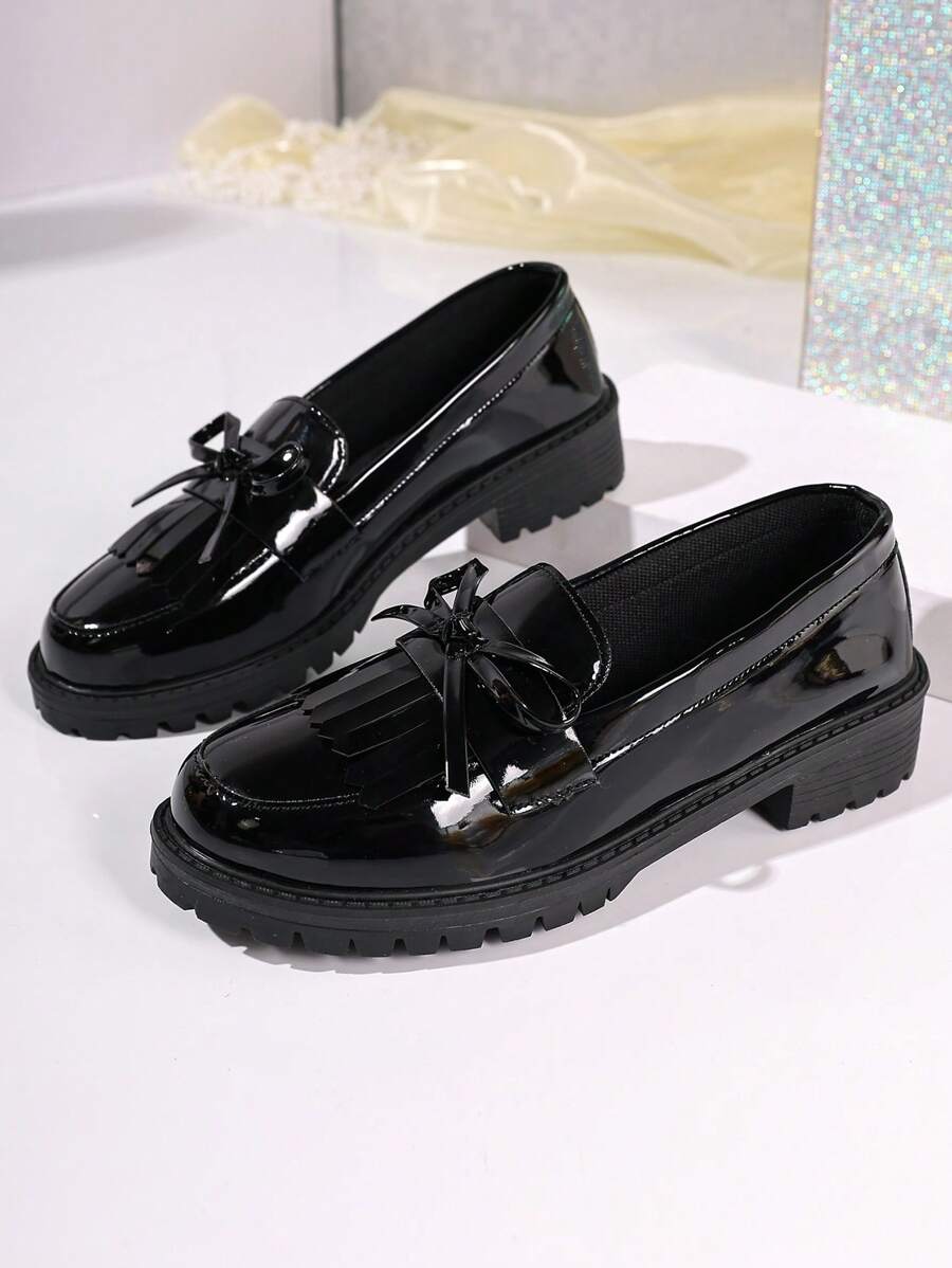 Women's New Vintage Chunky Heel Bow Slip-On Loafer Shoes, Fashionable Patent Leather Oxford Casual Flats, Comfortable & Soft, Ideal For Shopping, All Season Wear