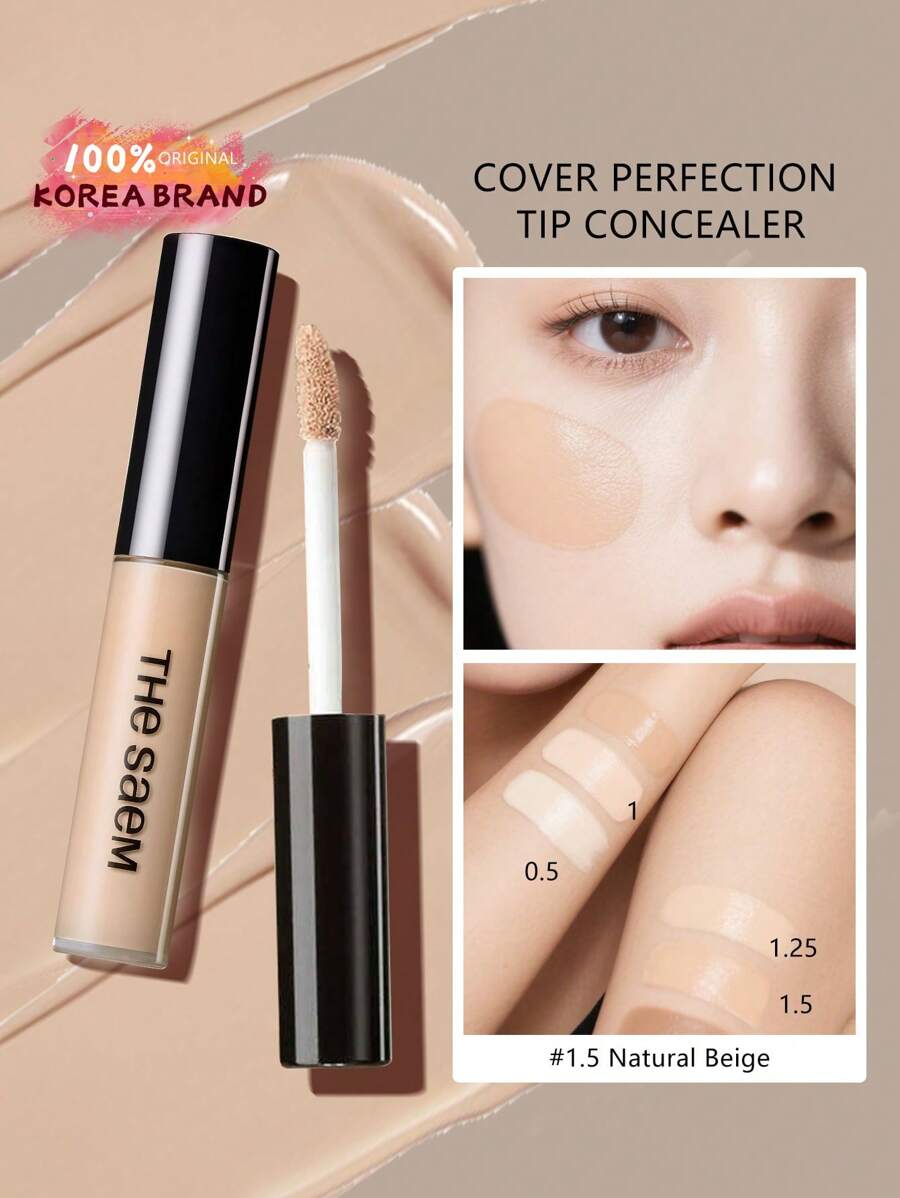 the SAEM Cover Perfection Tip Concealer 1.5 Natural Beige, flüssiger Mehrzweck-Concealer, Full-Coverage Make-up für Akne, dunkle Flecken, dunkle Augenringe, Hyperpigmentierung und Unreinheiten, K-Beauty, koreanisches Make-up - 6,5g/0,23oz.